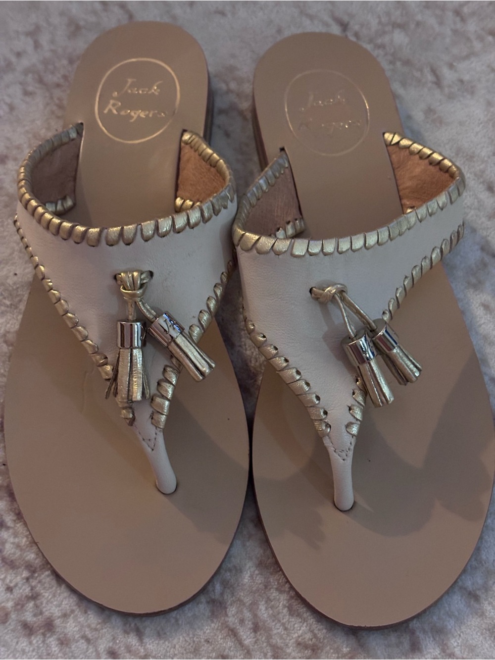 Jack Rogers Alana Bone Gold Leather Tassel Thong Sandals Size 8M